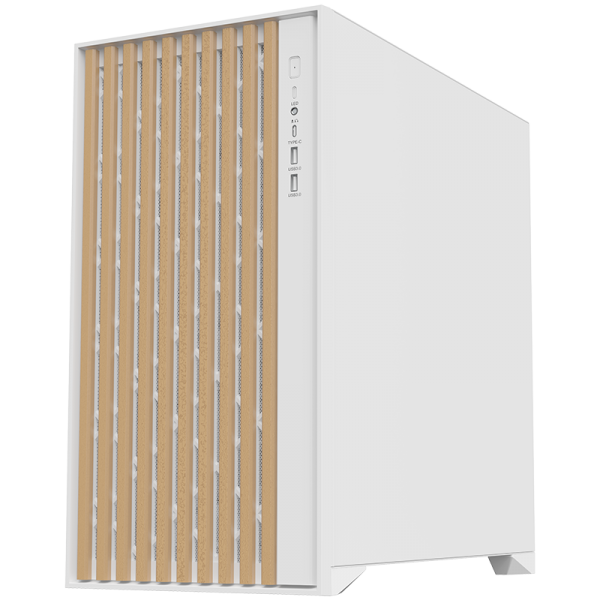 Case WOODY - Gaming Tower- ATX- 3x14cm White fan- 2xUSB3- Type-C- Wood Front- Temp Glass Side Panel- White Edtion