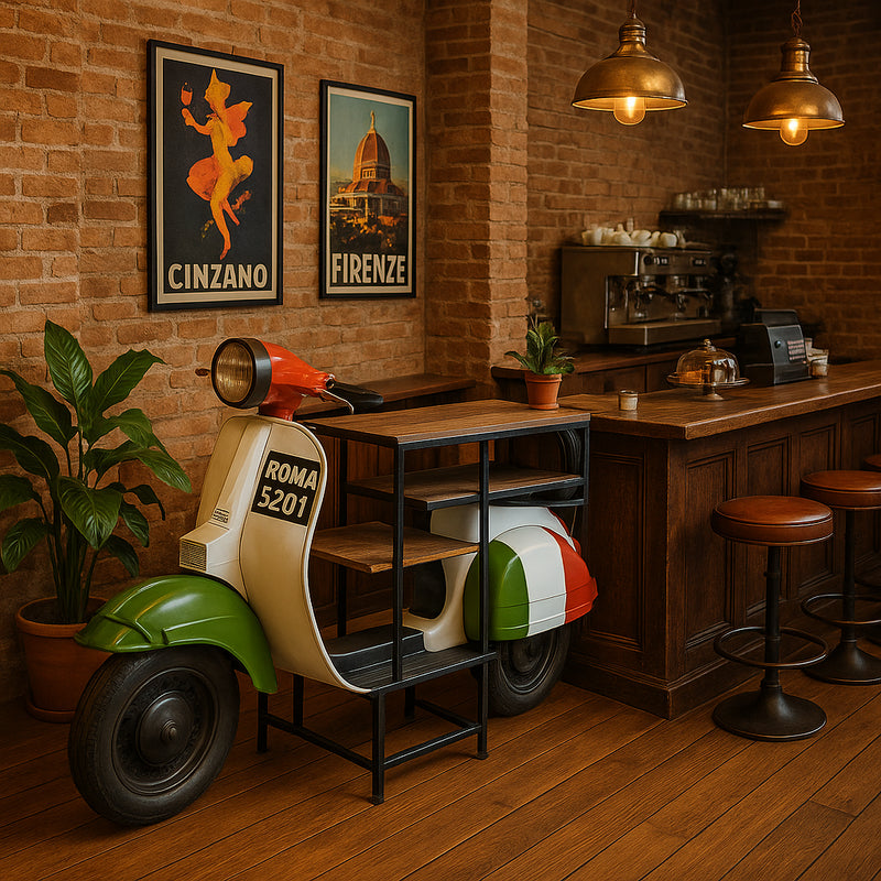 Biscottini Consolle in Ferro e Legno, Vespa Ristrutturata come Consolle per Arredo per la Casa