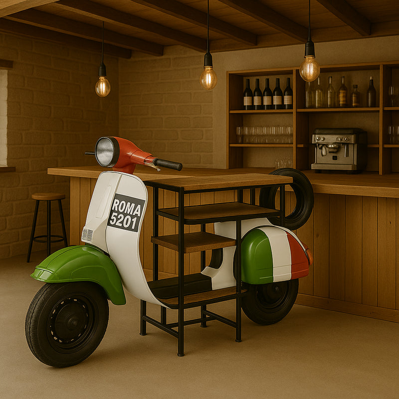 Biscottini Consolle in Ferro e Legno, Vespa Ristrutturata come Consolle per Arredo per la Casa