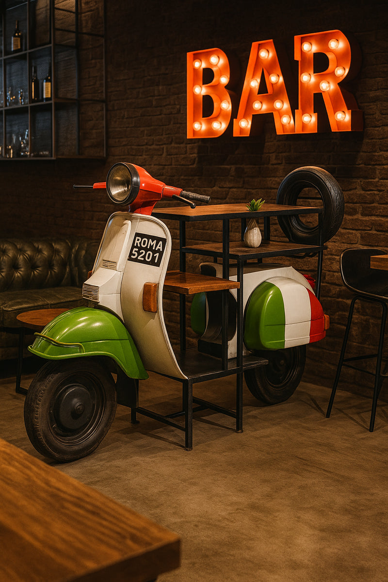 Biscottini Consolle in Ferro e Legno, Vespa Ristrutturata come Consolle per Arredo per la Casa