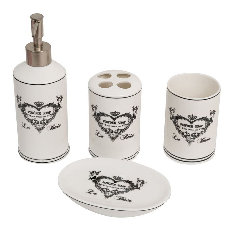 Biscottini Set bagno "Savons Superfines" 4 pezzi in porcellana bianca decorata L25xPR10xH21 cm