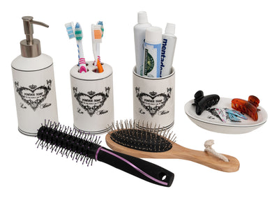 Biscottini Set bagno "Savons Superfines" 4 pezzi in porcellana bianca decorata L25xPR10xH21 cm