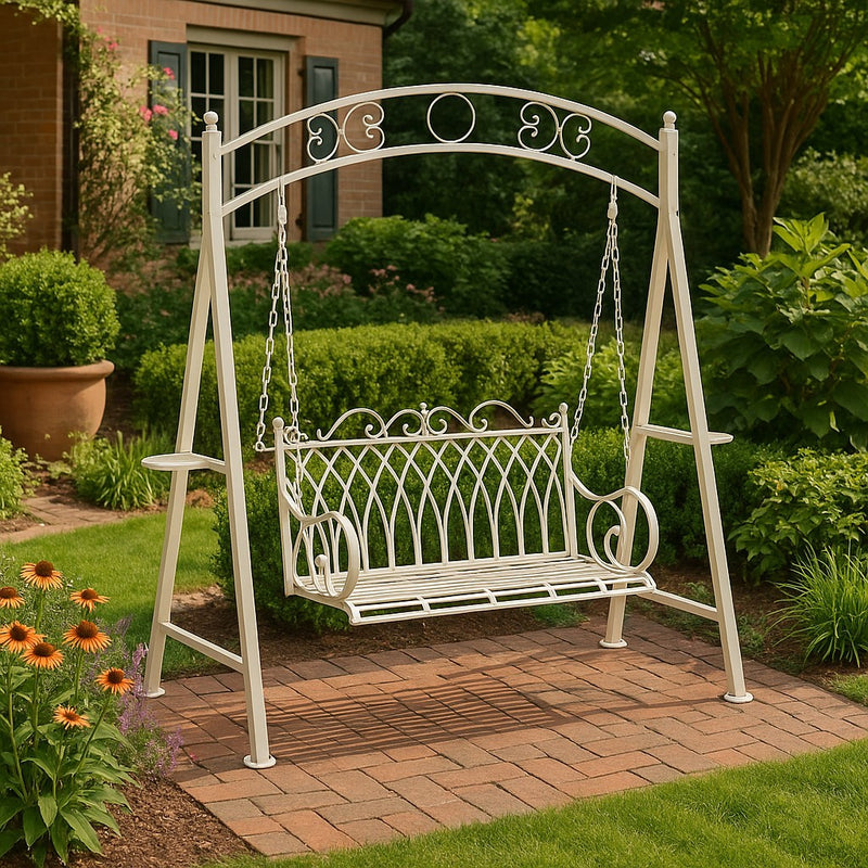 Biscottini Dondolo a due posti in ferro battuto finitura bianca anticata L198xPR100xH220 cm