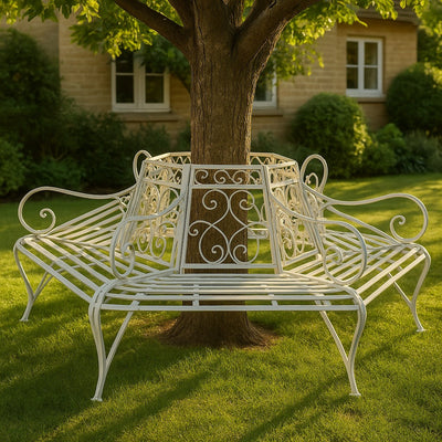 Biscottini Panchina Liberty ad albero in ferro battuto finitura bianca anticata