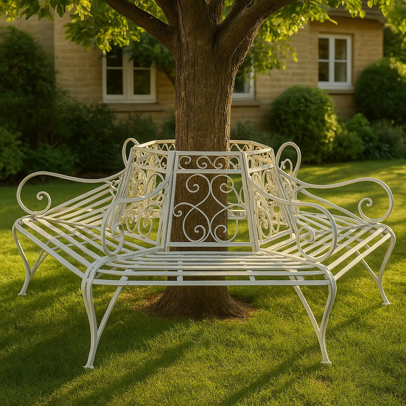 Biscottini Panchina Liberty ad albero in ferro battuto finitura bianca anticata