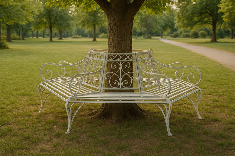 Biscottini Panchina Liberty ad albero in ferro battuto finitura bianca anticata