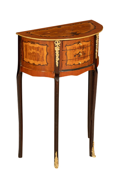 Biscottini Consolle a mezzaluna in legno impiallacciato noce arricchito con particolari intarsi fatti a mano e decori in bronzo