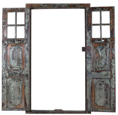 Biscottini Porta portone in legno massello e ferro da interno o da esterno vecchia e antica medievale con telaio e vetro