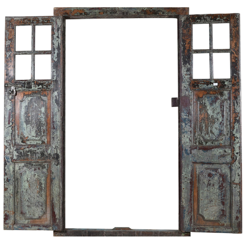 Biscottini Porta portone in legno massello e ferro da interno o da esterno vecchia e antica medievale con telaio e vetro