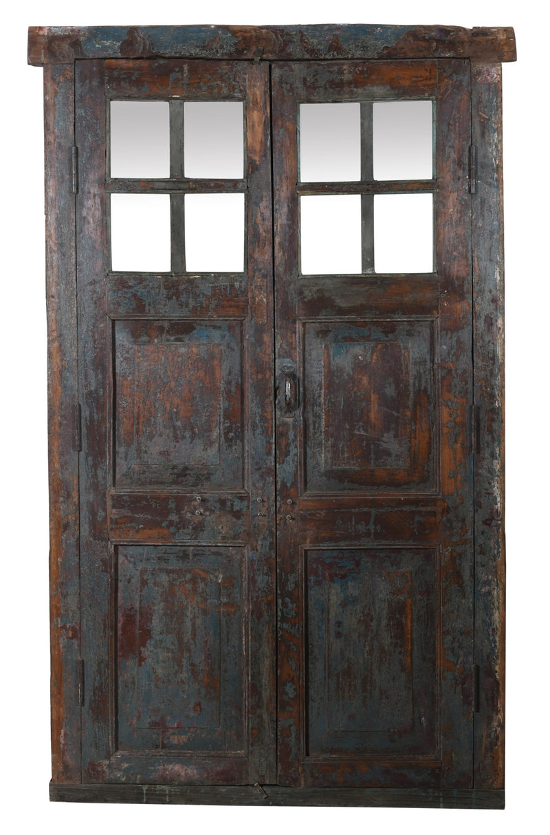 Biscottini Porta portone in legno massello e ferro da interno o da esterno vecchia e antica medievale con telaio e vetro