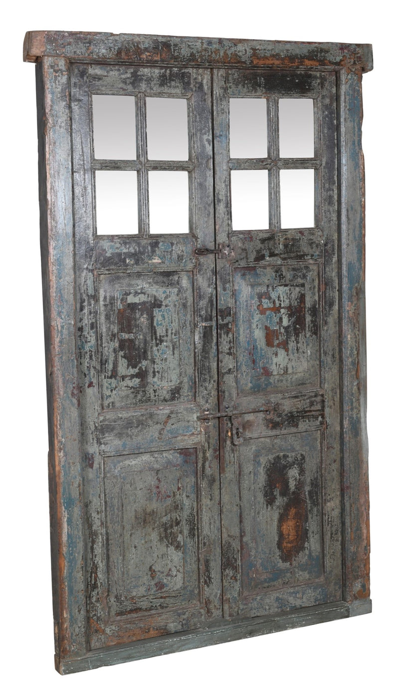 Biscottini Porta portone in legno massello e ferro da interno o da esterno vecchia e antica medievale con telaio e vetro