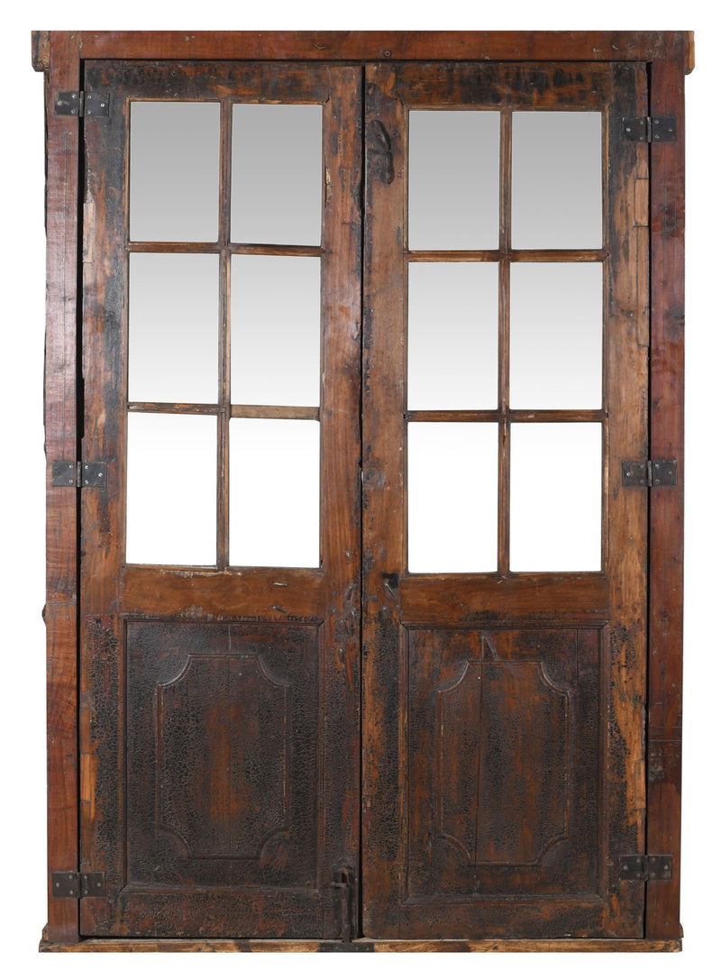 Biscottini Porta portone in legno massello e ferro da interno o da esterno vecchia e antica medievale con telaio e vetro