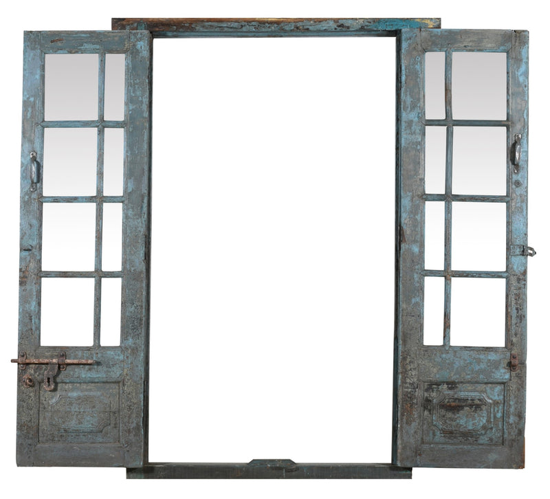 Biscottini Porta portone in legno massello e ferro da interno o da esterno vecchia e antica medievale con telaio e vetro