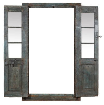 Biscottini Porta portone in legno massello e ferro da interno o da esterno vecchia e antica medievale con telaio e vetro