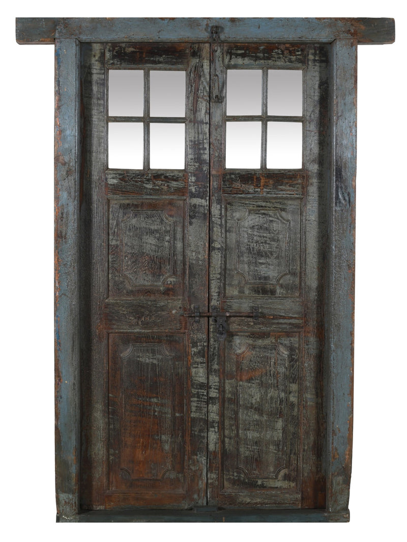 Biscottini Porta portone in legno massello e ferro da interno o da esterno vecchia e antica medievale con telaio e vetro