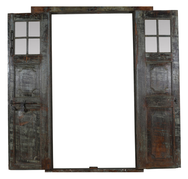 Biscottini Porta portone in legno massello e ferro da interno o da esterno vecchia e antica medievale con telaio e vetro