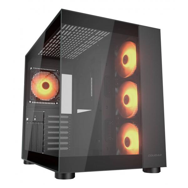 COUGAR FV150 RGB è un case PC nero per gaming compatibile con Mini-ITX, Micro-ATX e ATX. Offre illuminazione ARGB, supporto per 10 ventole e GPU fino a 400 mm. Design elegante e raffred