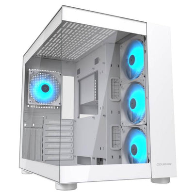 COUGAR FV150 White RGB è un case PC bianco per gaming compatibile con Mini-ITX, Micro-ATX e ATX. Offre illuminazione ARGB, supporto per 10 ventole e GPU fino a 400 mm. Design elegante e