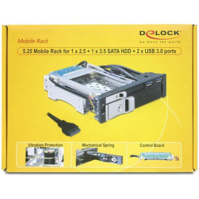 Delock Rack mobile 5.25 per 1 HDD SATA da 2,5 + 1 x 3,5 + 2 porte USB 3.0 - Rack di archiviazione mobile - 2,5", 3,5" (6,4 cm, 8,9 cm)
