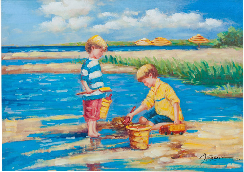 Biscottini Quadro olio su tela dipinto a mano bambini al mare 70x3x50 dare tocco