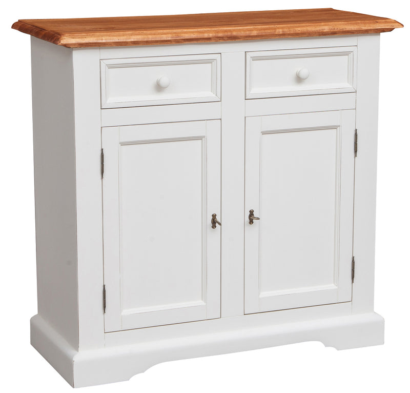 Biscottini Credenza Country in legno massello di tiglio struttura bianca anticata piano finitura naturale L110xPR45xH103 cm. Made in Italy