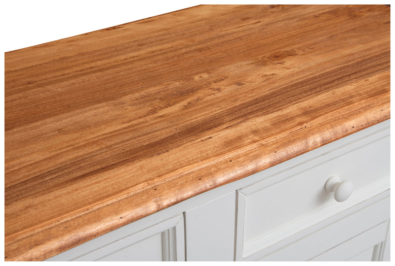 Biscottini Credenza Country in legno massello di tiglio struttura bianca anticata piano finitura naturale L110xPR45xH103 cm. Made in Italy