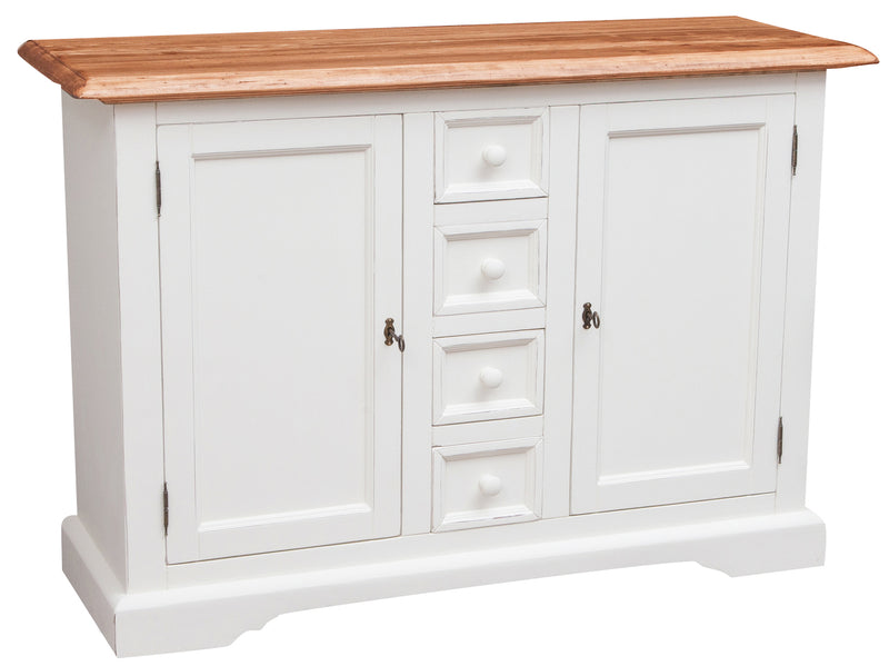 Biscottini Credenza Country in legno massello di tiglio struttura bianca anticata piano finitura naturale L135xPR45xH92 cm. Made in Italy