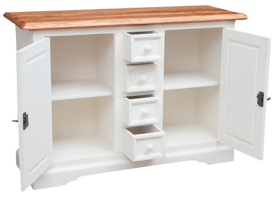 Biscottini Credenza Country in legno massello di tiglio struttura bianca anticata piano finitura naturale L135xPR45xH92 cm. Made in Italy