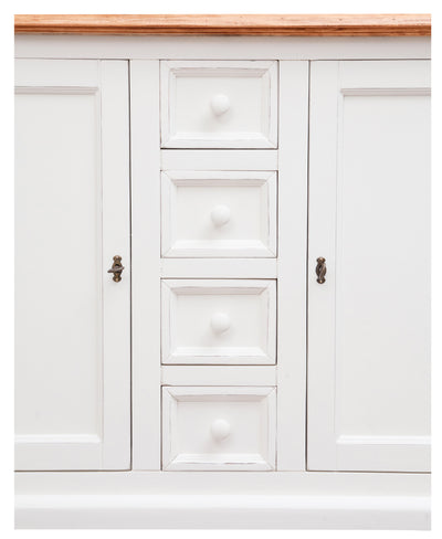 Biscottini Credenza Country in legno massello di tiglio struttura bianca anticata piano finitura naturale L135xPR45xH92 cm. Made in Italy