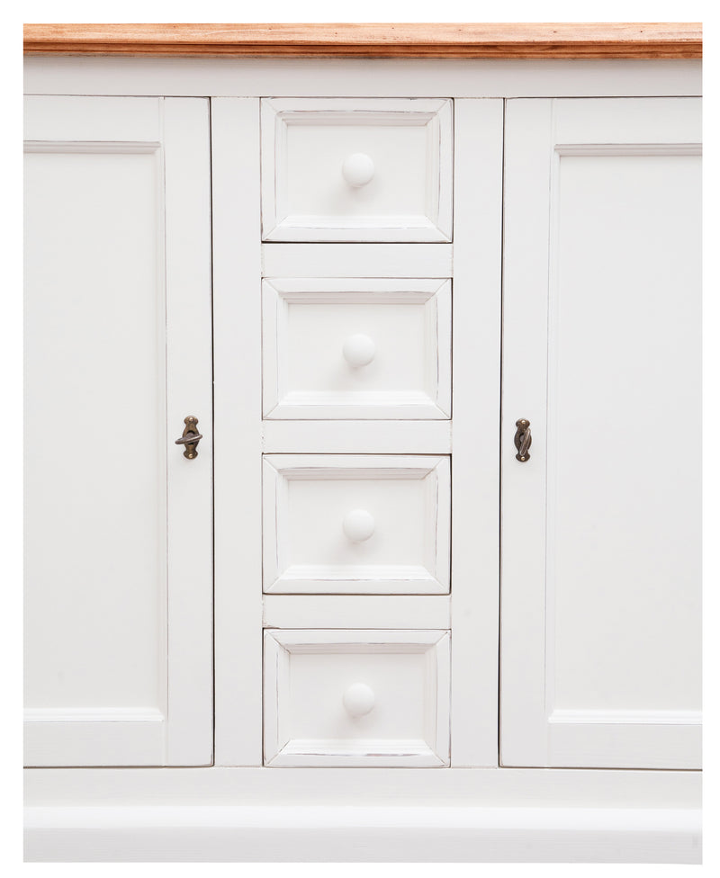 Biscottini Credenza Country in legno massello di tiglio struttura bianca anticata piano finitura naturale L135xPR45xH92 cm. Made in Italy