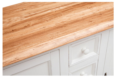 Biscottini Credenza Country in legno massello di tiglio struttura bianca anticata piano finitura naturale L135xPR45xH92 cm. Made in Italy