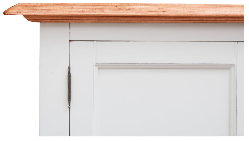 Biscottini Credenza Country in legno massello di tiglio struttura bianca anticata piano finitura naturale L135xPR45xH92 cm. Made in Italy