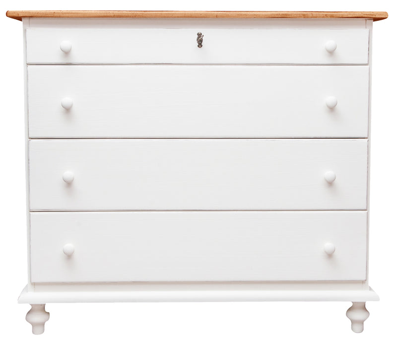 Biscottini Comò Country in legno massello di tiglio struttura bianca anticata piano finitura naturale L114xPR49xH99 cm. Made in Italy