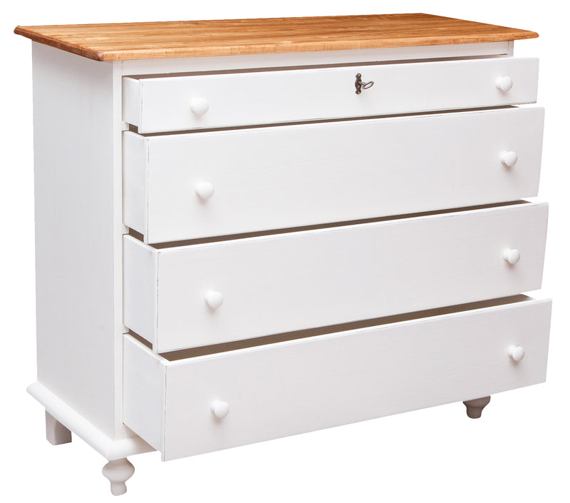 Biscottini Comò Country in legno massello di tiglio struttura bianca anticata piano finitura naturale L114xPR49xH99 cm. Made in Italy