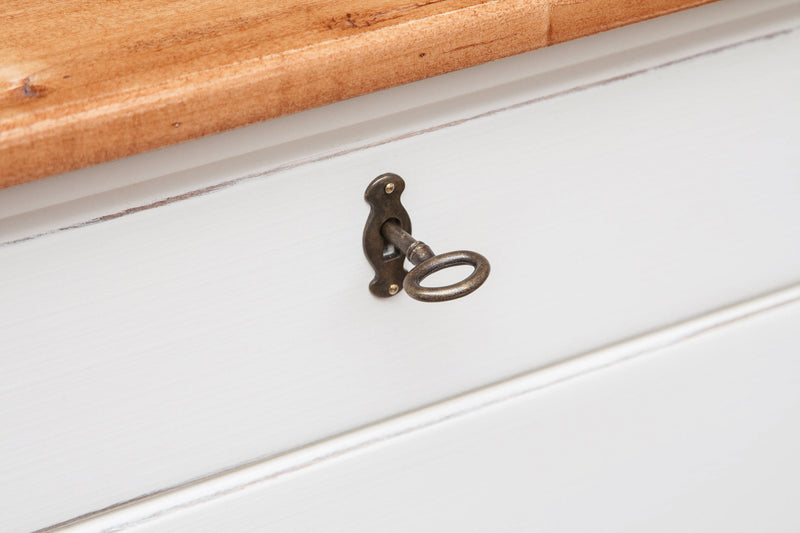 Biscottini Comò Country in legno massello di tiglio struttura bianca anticata piano finitura naturale L114xPR49xH99 cm. Made in Italy