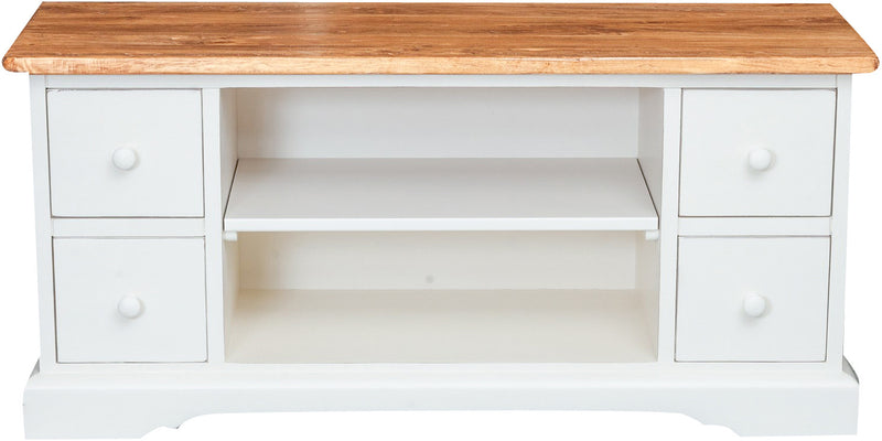 Biscottini Mobile porta Tv Country in legno massello di tiglio struttura bianca anticata piano naturale L129xPR40xH60 cm. Made in Italy