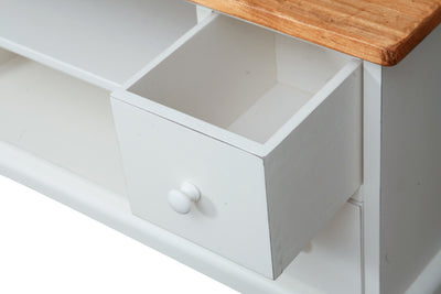 Biscottini Mobile porta Tv Country in legno massello di tiglio struttura bianca anticata piano naturale L129xPR40xH60 cm. Made in Italy