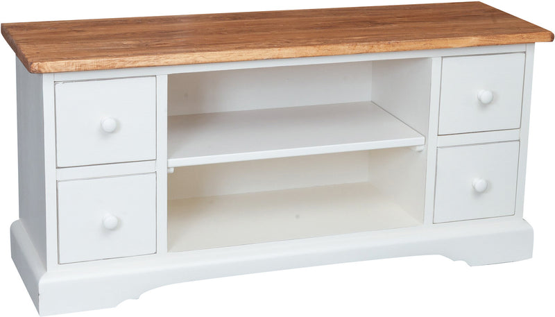 Biscottini Mobile porta Tv Country in legno massello di tiglio struttura bianca anticata piano naturale L129xPR40xH60 cm. Made in Italy