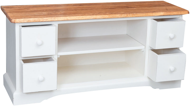 Biscottini Mobile porta Tv Country in legno massello di tiglio struttura bianca anticata piano naturale L129xPR40xH60 cm. Made in Italy
