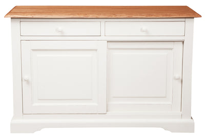 Biscottini Credenza Country in legno massello di tiglio struttura bianca anticata piano finitura naturale L142xPR50xH90 cm. Made in Italy