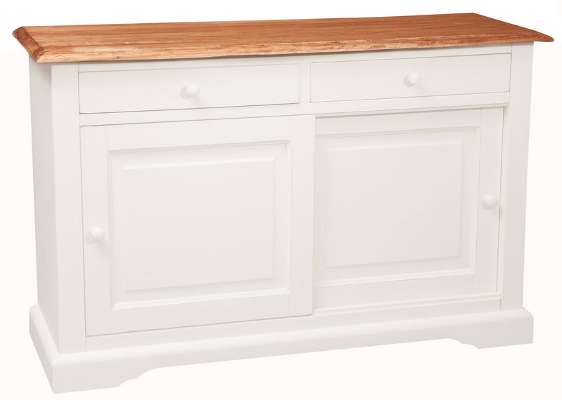 Biscottini Credenza Country in legno massello di tiglio struttura bianca anticata piano finitura naturale L142xPR50xH90 cm. Made in Italy