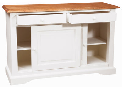 Biscottini Credenza Country in legno massello di tiglio struttura bianca anticata piano finitura naturale L142xPR50xH90 cm. Made in Italy