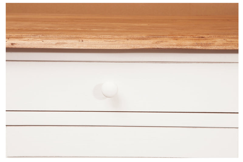 Biscottini Credenza Country in legno massello di tiglio struttura bianca anticata piano finitura naturale L142xPR50xH90 cm. Made in Italy