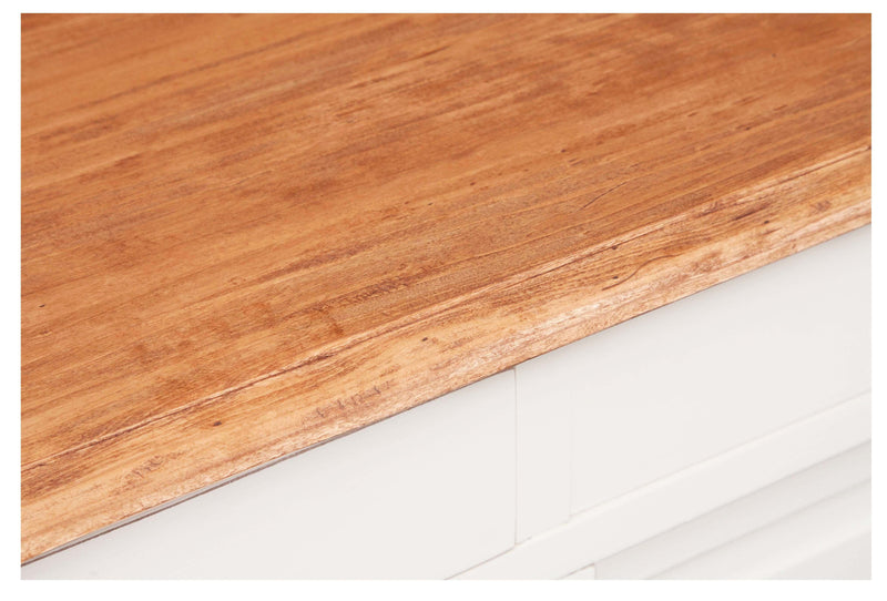Biscottini Credenza Country in legno massello di tiglio struttura bianca anticata piano finitura naturale L142xPR50xH90 cm. Made in Italy