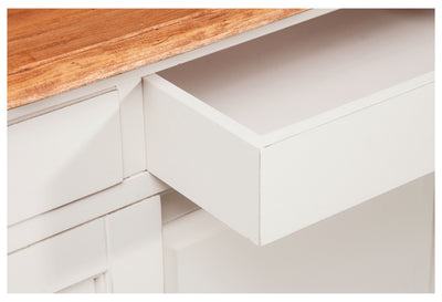 Biscottini Credenza Country in legno massello di tiglio struttura bianca anticata piano finitura naturale L142xPR50xH90 cm. Made in Italy