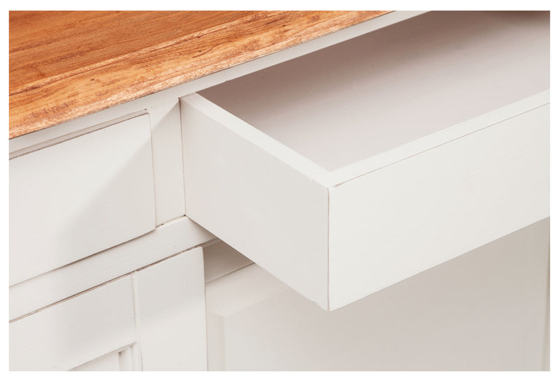 Biscottini Credenza Country in legno massello di tiglio struttura bianca anticata piano finitura naturale L142xPR50xH90 cm. Made in Italy