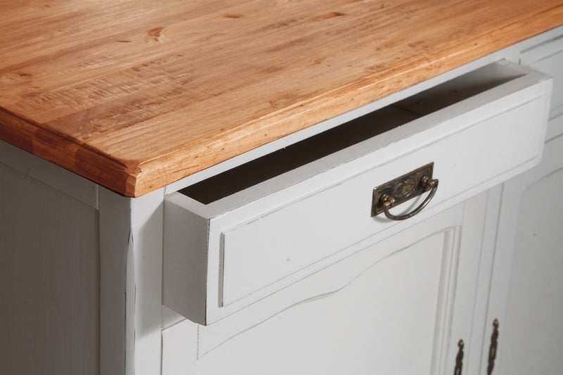 Biscottini Credenza Country in legno massello di tiglio struttura bianca anticata piano naturale L123xPR42xH92,5. Made in Italy