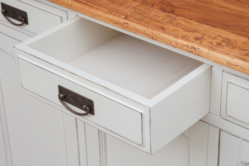 Biscottini Credenza Country in legno massello di tiglio struttura bianca anticata piano finitura naturale L170xPR42xH90 cm. Made in Italy