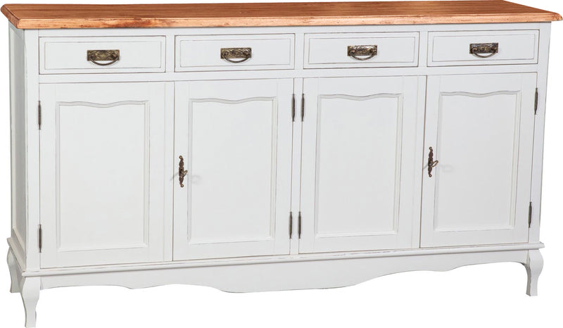 Biscottini Credenza Country in legno massello di tiglio struttura bianca anticata piano finitura naturale L170xPR42xH90 cm. Made in Italy