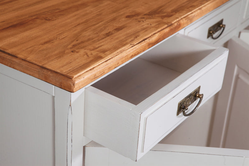 Biscottini Credenza Country in legno massello di tiglio struttura bianca anticata piano finitura naturale L170xPR42xH90 cm. Made in Italy